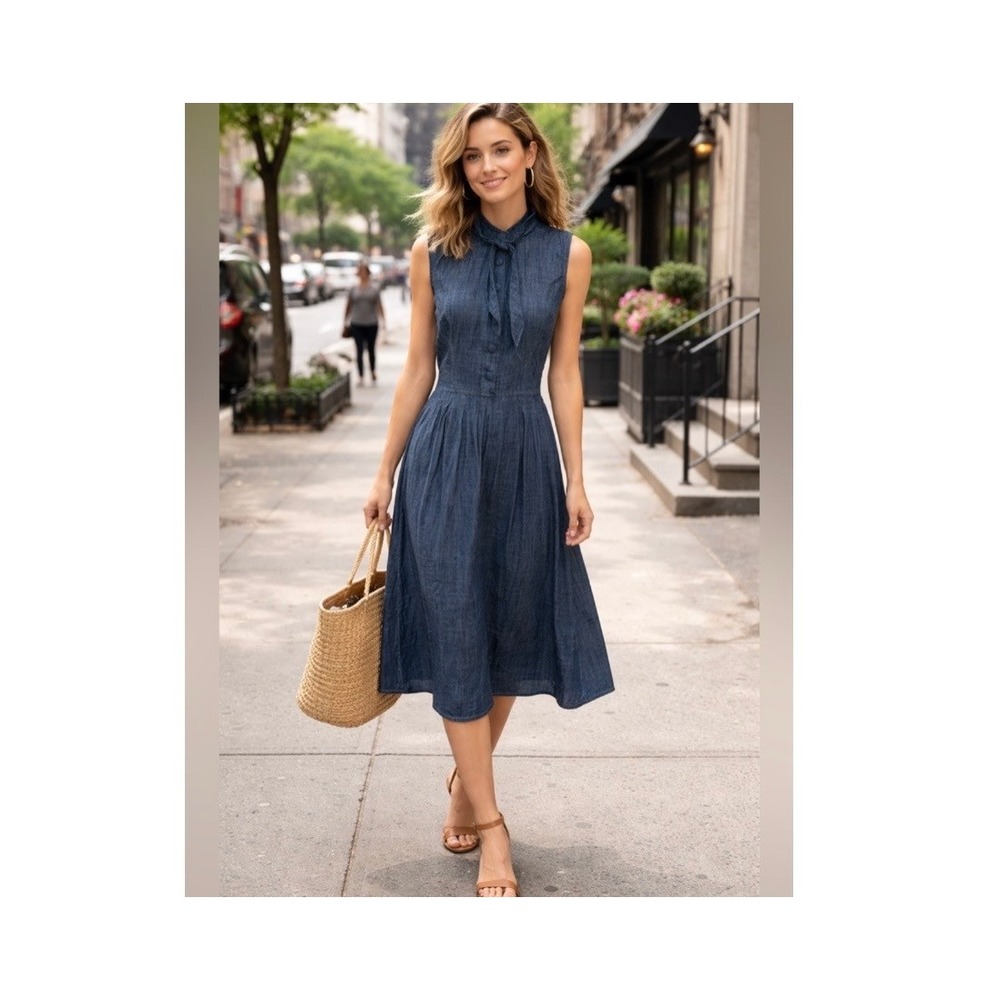 eShakti Pleated Denim A-Line Sleeveless Button Front Tie Neck Blue 20W / 2X‎